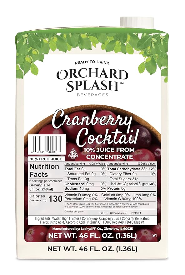 Orchard Splash 46oz Ready to Drink Juice (12 Aseptic Cartons per Case) (Cranberry Cocktail 10%)