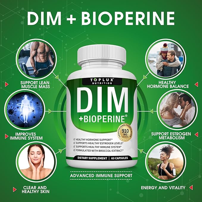 Dim Supplement 910 mg Plus BioPerine Complex - Diindolylmethane to Support Hormone Balance and Estrogen Metabolism Helps with Menopause Acne PCOS Better Skin Bodybuilding for Men Women 60 Capsules