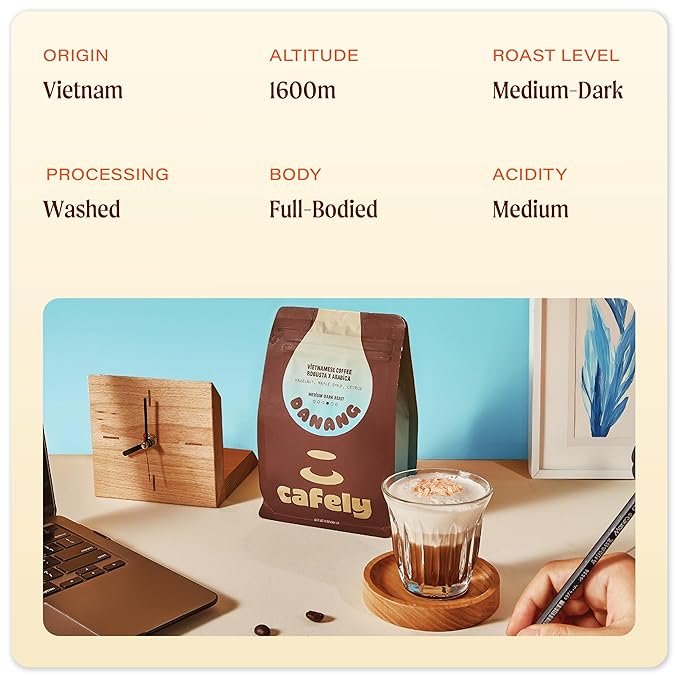 Cafely DaNang - Robusta x Arabica Ground Vietnamese Coffee – Dark Roast Low Acid Fresh Roasted Single Origin Direct Trade High Antioxidants Rich Notes with Hazelnut Maple Syrup Citrus Zest 12