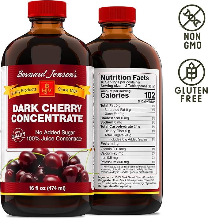 Bernard Jensen's Black Cherry Juice Concentrate - Natural Cherry Concentrate Without Additives and Sweeteners - Sweet Cherry Juice Topping for Ice Cream Pastries and Other Desserts 16 fl. oz bottle