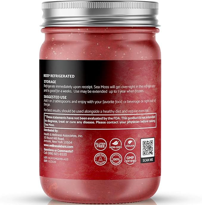 WELLNESS LABSRX Irish Sea Moss Gel Raw - Wildcrafted Superfood Seamoss Gel - Raspberry Flavor Vitamin and Mineral-Rich from Pristine Caribbean Waters Immune and Digestive Health Support - 10 oz.