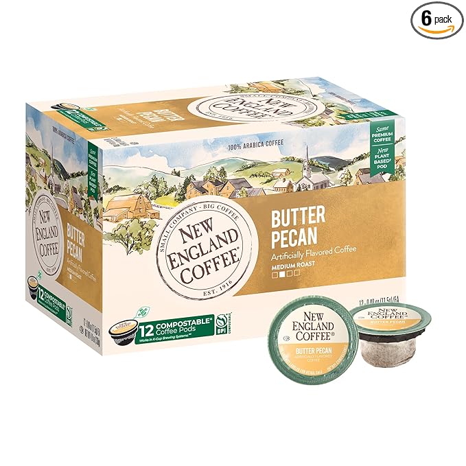 New England Coffee Butter Pecan Medium-Roast K Cup Coffee Pods 12 Count (Pack of 6) Rich &amp Buttery Flavor