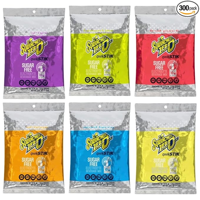 Sqwiincher Zero Sugar - 6 Flavors Pack - Qwik Stik - Sugar-Free Electrolyte Powdered Beverage Mix (300 Pack)