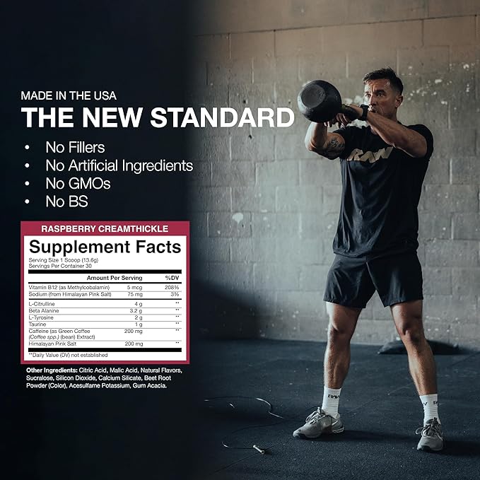 RAW Essential Pre-Workout Powder (Rasberry Creamthickle) - Chris Bumstead Sports Supplement for Men &amp Women - Preworkout Energy Powder with Caffeine L-Citrulline L-Tyrosine &amp Beta Alanine B