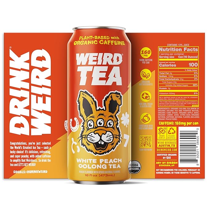 Drink Weird Organic White Peach Oolong Tea – 16oz Cans 160mg Organic Caffeine Pack of 12 – A Refreshing Energy Drink Alternative