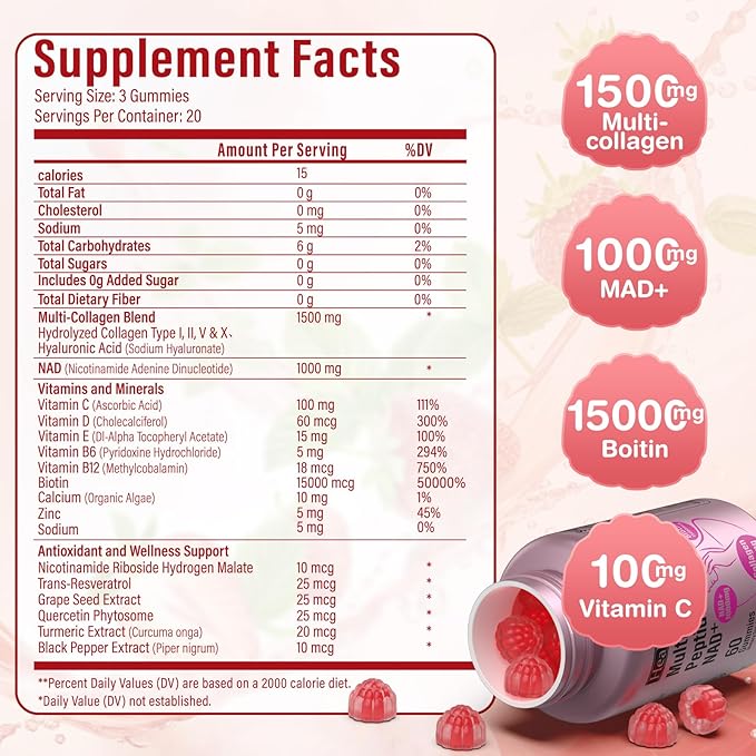 Collagen Peptide Gummies Sugar-Free Woman &ampMan's Proteins Collagen Gummy Filled 1500mg Hydrolyzed Collagen Type IIIIIIVX1000mg NAD 15000mcg Biotin Supplement for Skin Hair Nails