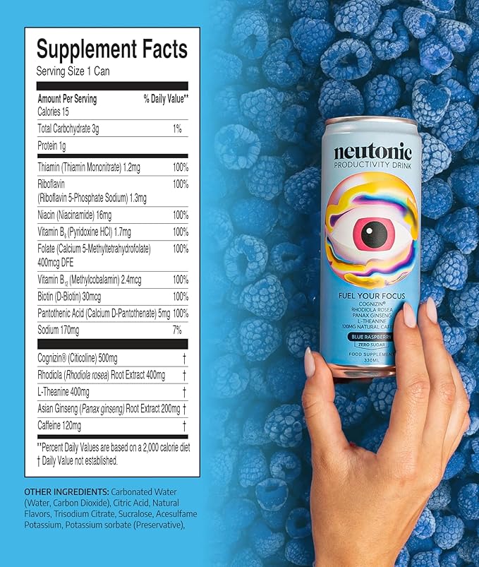 Neutonic Nootropic Productivity Energy Drink | Blue Raspberry 12 Cans | 120mg Natural Caffeine Zero Sugar | Support Memory Mental Clarity Cognitive Function | Boost Focus Energy Brain Health