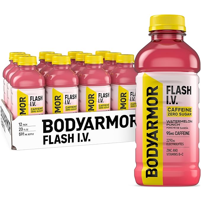 BODYARMOR Flash I.V. Zero Sugar + Caffeine Watermelon Punch Electrolyte Beverage Hydration Drink For Rapid Rehydration Post Workout Recovery 20 Fl Oz (Pack of 12)
