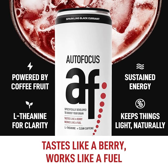 AUTOFOCUS Sparkling Energy Drink - Sparkling Focus Drink with Coffee Fruit &amp L-Theanine - Clean Caffeine Brain Booster - No Added Sugar Sparkling Productivity Drink - Black Currant - 12oz (Pack of