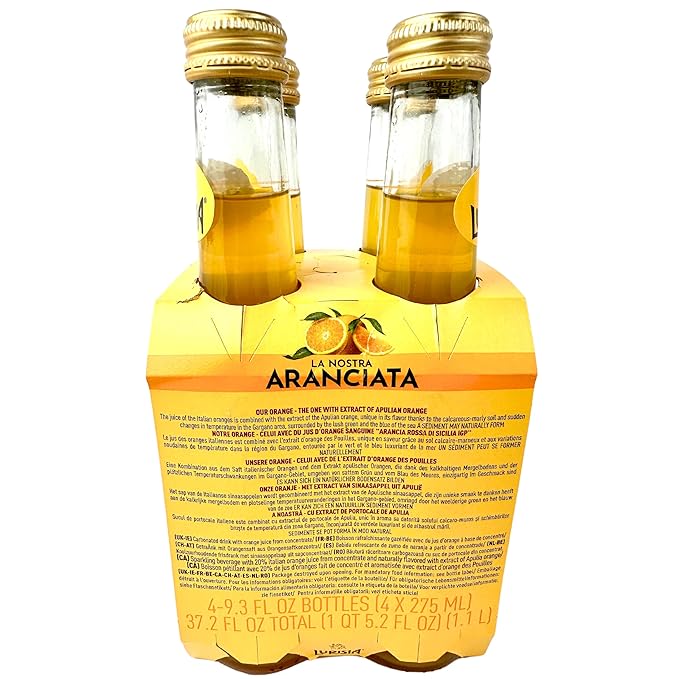 Lurisia Aranciata Italian Orange Soda 4 x 9.3 Fl Oz (275ml) - Aranciata Italian Orangeade - Citrus Orange Soft Drink - Carbonated Sparkling Fruit Juice Beverage from Italy