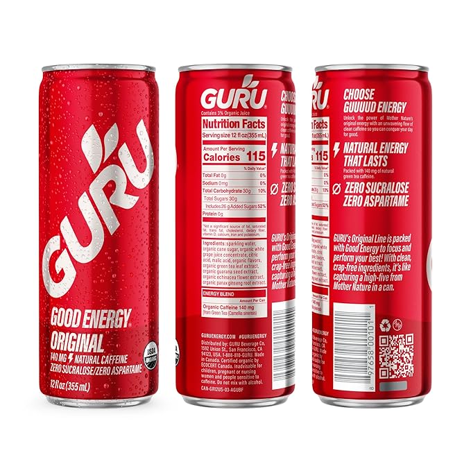 GURU Original Organic Energy Drinks Clean Energy Drink with Plant Based Natural Caffeine from Green Tea Gluten Free and Vegan 140MG Caffeine Healthy Drinks 12oz (Pack of 24)
