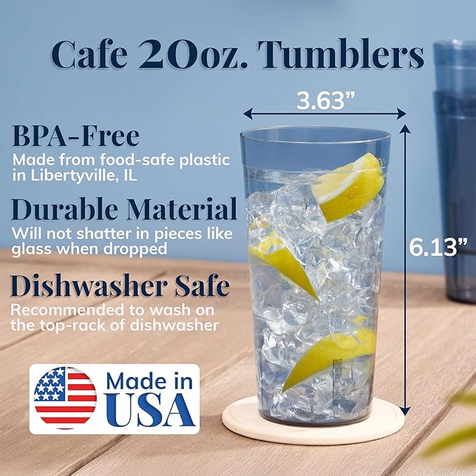 US Acrylic Cafe Plastic Reusable Tumblers (Set of 16) 20-ounce Water Cups in Grey | Value Set of Restaurant Style Drinking Glasses Stackable BPA-free Made in the USA | Top-rack Dishwasher Safe