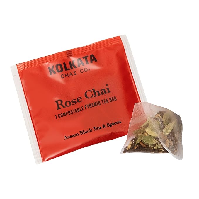 Kolkata Chai - Rose Chai Tea Bag 45 Count Premium Assam Black Tea and Spices Compostable Tea Bags Vegan All Natural