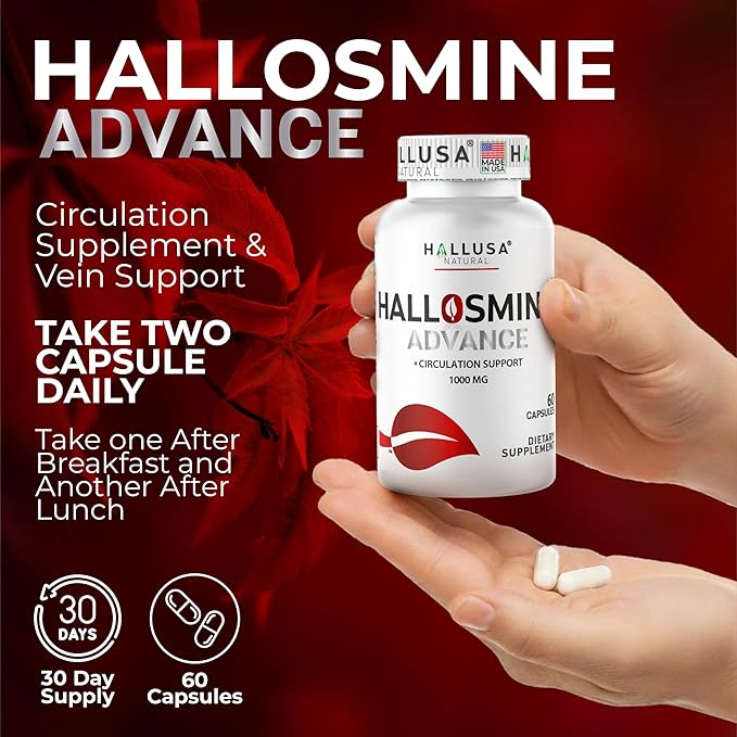 Hallosmine Advance 1000mg Diosmin Capsules – Max Strength Circulation &amp Vein Support Supplement Vascular Health Visible Veins Spider Veins Blood Flow Swelling &amp Heavy Legs 60 Count