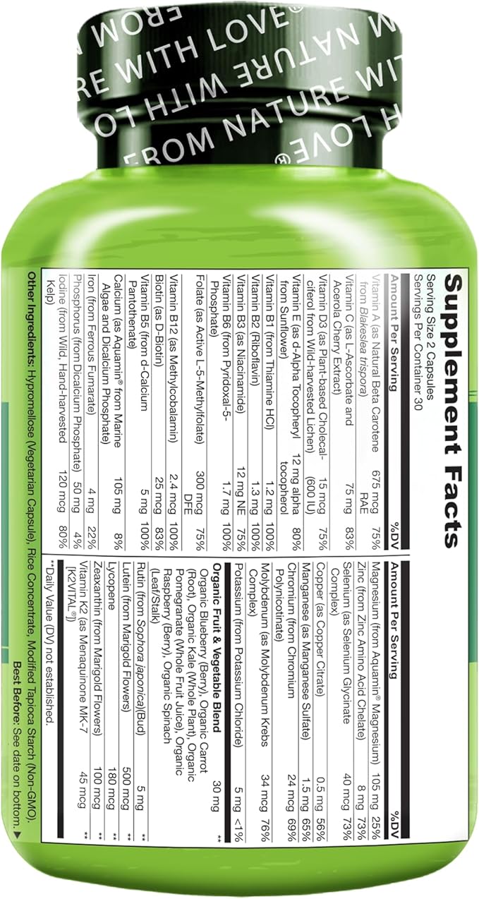 NATURELO Multivitamins for Teenage Girls/Boys 60 Capsules Whole Food Multivitamin with Minerals Non-GMO Vegetarian