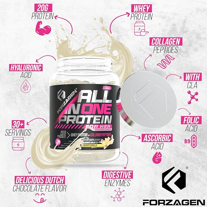 Forzagen All in One Protein for Her | Women’s Protein Powder with Multi Collagen Peptides | Hydrolyzed Collagen Supplement Gut Health Great for Pre &amp Post Workout | Vanilla 30+ Servings