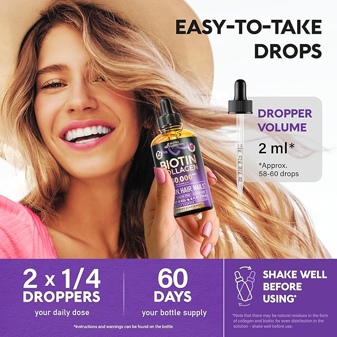 Liquid Biotin &amp Collagen 60000 mcg - Vitamins for Hair Growth Support - Extra Strength Drops for Women &amp Men - Liquid Collagen Supplement - Strong Nails &amp Healthy Skin - Made in USA - 4 F