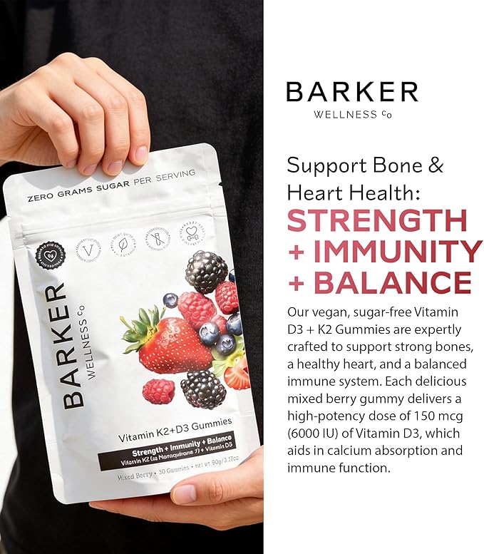 Barker Wellness D3 K2 Vitamin Gummies – Max Potency 6000IU D3 + 200mcg K2 for Strong Bones Cardiovascular Wellness Immune Support | Vegan Sugar-Free Delicious Mixed Berry | 30 Servings