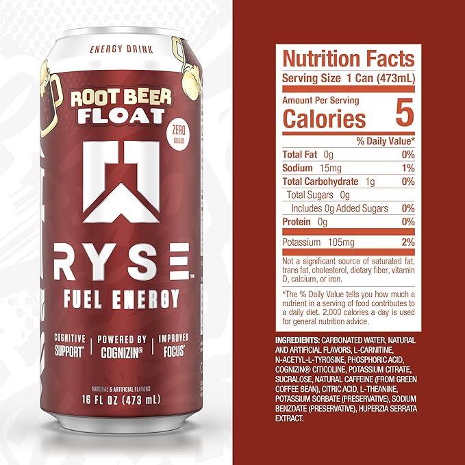 RYSE Fuel Energy Drink - Root Beer Float - Sugar Free - 200mg Natural Caffeine New Formula to Supports Cognitive Health &amp Improves Focus - No Artificial Colors - 16 fl oz Cans (12-Pack)