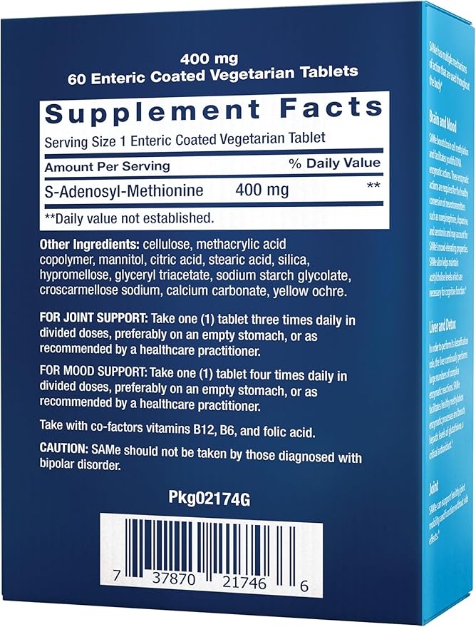 Life Extension Same S-Adenosyl-Methionine 400 mg Best-Selling Mood Health Liver Health and Joint Support Supplement Non-GMO Vegetarian Gluten Free 60 enteric-Coated Tablets
