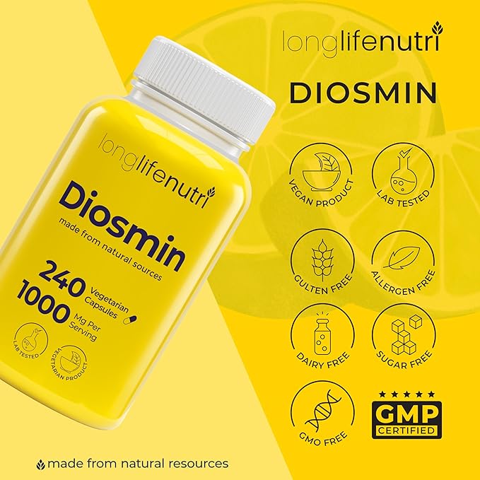 Diosmin 1000mg Advanced Formula - 240 Capsules for Circulatory Health Support 4-Month Supply Non-GMO Made in USA - Daily Wellness Supplement