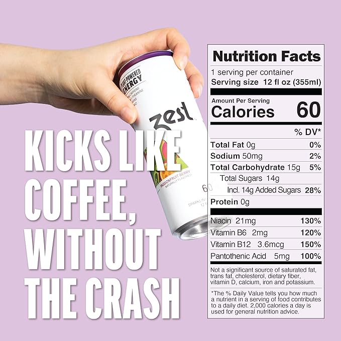 Zest Clean Energy Drink – Passionfruit Berry – 150mg Caffeine + 100mg L-Theanine – Natural Focus &amp Concentration Boost – Healthy Energy Drink 12oz Can 12 Pack – Low Sugar No Artificial Sweeteners