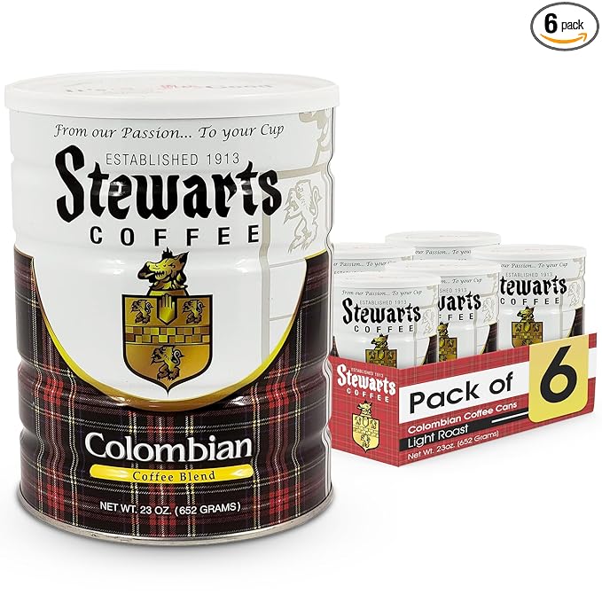 Stewarts Colombian Light Medium Roast Ground Coffee Blend - Mild Bright Tasty Flavored Gourmet Coffee Grounds - Great for Hot Cold Brew Morning Breakfast Cafe &amp More (23oz Pack of 6 Cans)