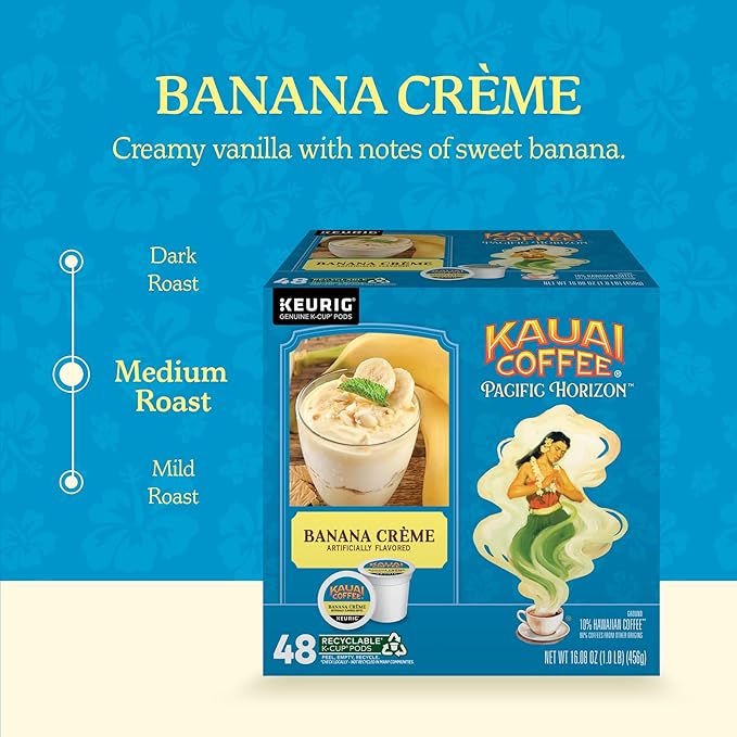 Kauai Coffee K-Cup Pods for Keurig Brewers – Arabica Coffee 10% Hawaiian – Medium Roast Banana Flavor with Creamy Vanilla – Banana Crème 1 Pack of 48 Single Serve K-Cups