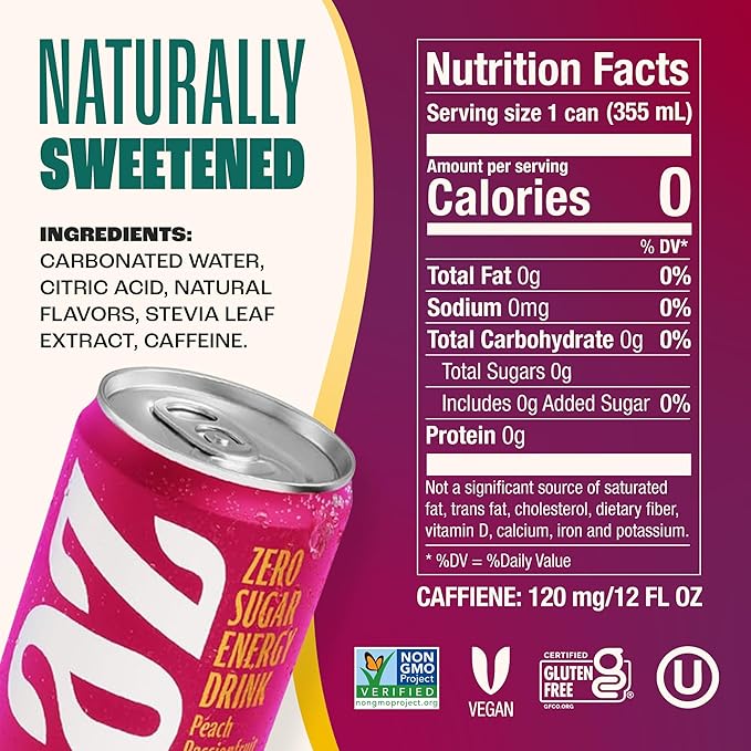 Zevia Zero Sugar Energy Drink Peach Passionfruit 12 oz Cans (12-Pack) – Naturally Sweetened Non-GMO Project Verified Gluten-Free Vegan