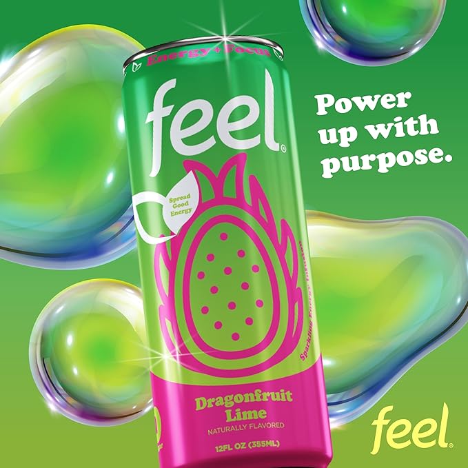 FEEL Zero Sugar Natural Energy Drink – Dragonfruit Lime 140 mg Plant-Based Caffeine with L-Theanine for Focus &amp Vitamin C for Immunity Vegan Non-GMO No Artificial Sweeteners 12 Fl Oz Cans (12