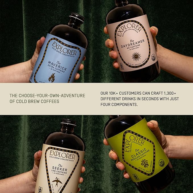 Explorer Cold Brew Organic Liquid Coffee Concentrate Classic Regular Caffeine Drink Iced or Hot 32 fl oz Makes 20+ Cups