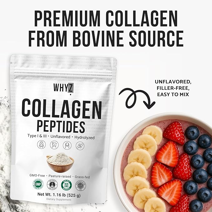 Bovine Collagen Peptides Powder Hydrolyzed Type I &amp III Protein Grass-Fed Pasture-Raised Source Unflavored Collagen Supplement Paleo-Friendly For Active Lifestyles &amp Wellness Non-GMO1.16 lb