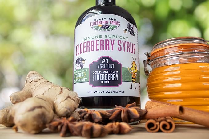 Heartland Organic Elderberry Syrup - Cold Pressed Elderberry Juice Zero Water Added - Immune Support for Kids &amp Adults - Made with Raw Honey Ginger Cinnamon &amp Star Anise - 13 fl oz (375 ml)