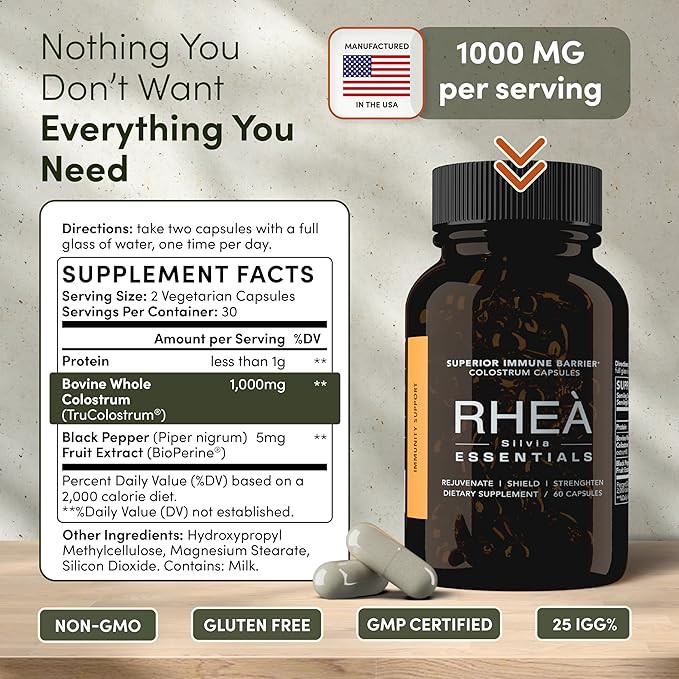 Rhea Bovine Colostrum Supplement for Women Colostrum Capsules for Gut Health Digestion Bloating Beauty Immune Support Bovine Colostrum for Humans Colostrum Pills (180caps)