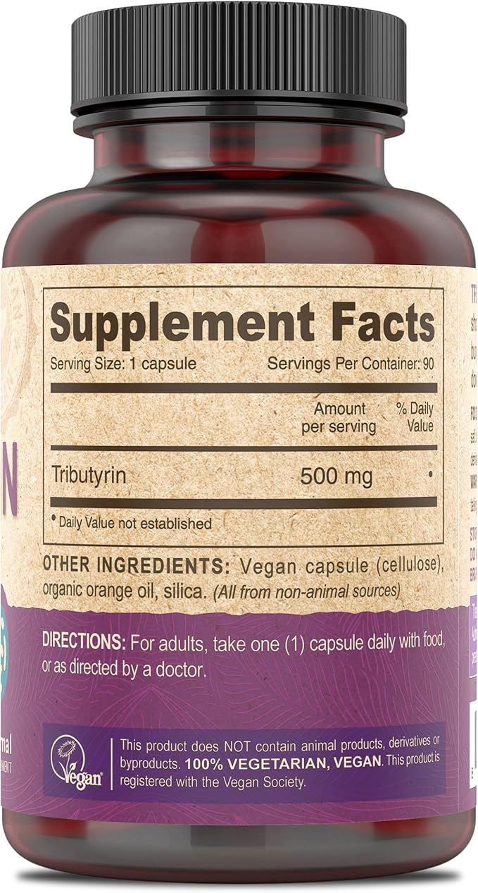 DEVA Vegan Tributyrin Supplement - Butyrate Precursor Gut Barrier Support Butyric Acid 500 MG Vegan Capsules Leaky Gut Support Digestion 90 Count