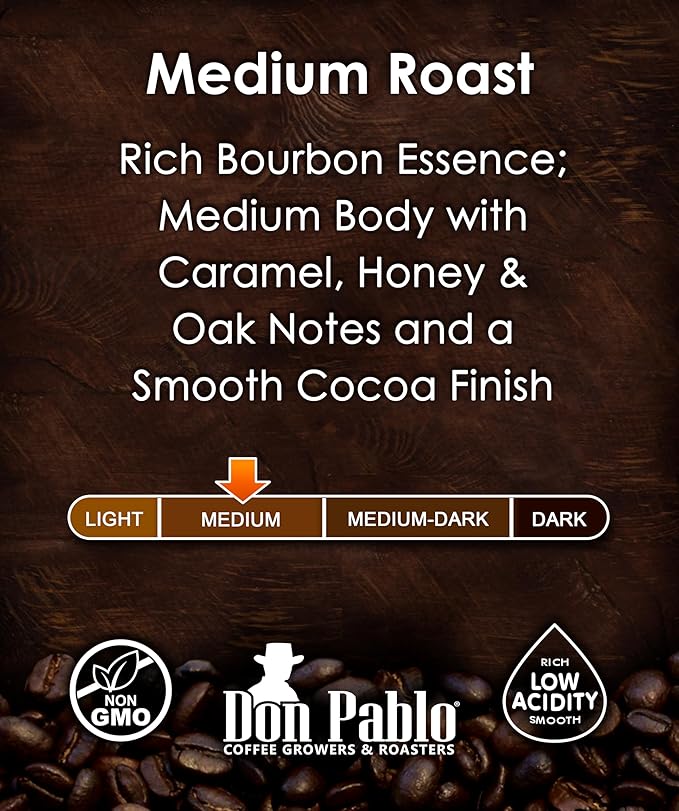 Don Pablo Bourbon Infused Coffee – Medium Roast 100% Arabica Whole Bean Real Bourbon Infused Low Acidity Non-GMO Small-Batch Roasted Specialty Gourmet Coffee 18 oz Bag (510 g)