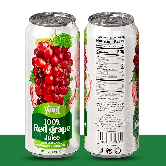 VINUT 100% Red Grape Juice No Added Sugar Not From Concentrate 16.9 fl oz (500 mL) Can Pack of 12