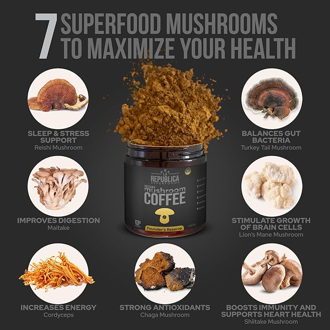 La Republica Founders Reserve Instant Mushroom Coffee Organic (35 Servings) Full Fruiting Bodies 50% More Shrooms Small Batch
