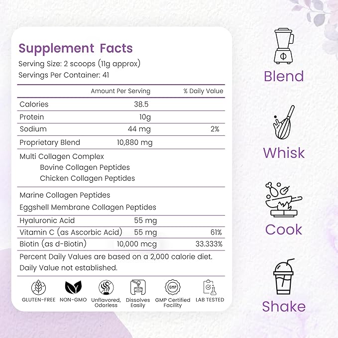 Multi Collagen Peptides Powder 1 Pounds collagen powder- Type IIIIIIVX with Biotin 10000mcg Hyaluronic acid powder Vitamin C - Unflavored Collagen Protein Powder - Keto &amp Paleo Easy Dissol
