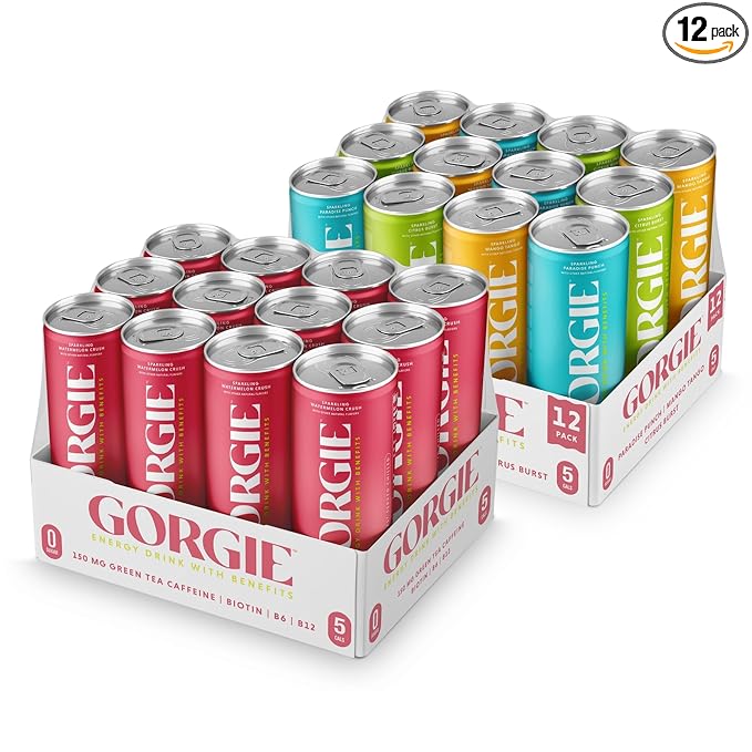 GORGIE Tropical Variety - Watermelon Bundle Sugar-Free Natural Energy Drink Sparkling Healthy Energy Drinks - Green Tea Biotin B Vitamins Vegan &amp Low Calorie (2 Packs of 12)