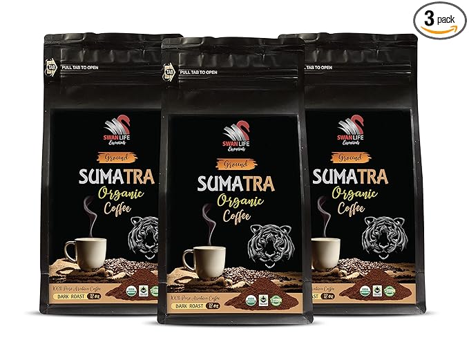 coffee from indonesia - SUMARTA GROUND COFFEE ORGANIC arabica dark rost fair trade low acidity - sumatra coffee whole bean 3 Bags (36 Oz)