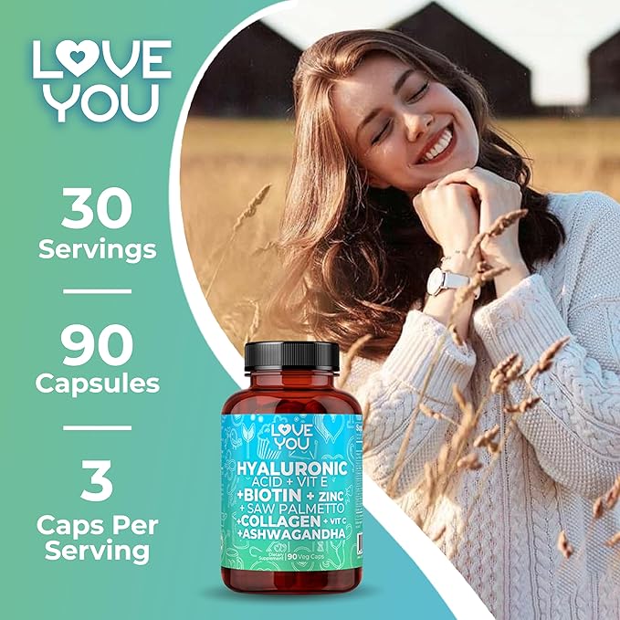 Love You Hyaluronic Acid + Collagen Complex - Beauty &amp Joint Support with Biotin 10000 mcg Zinc Saw Palmetto &amp Ashwagandha - 90 Veg Capsules