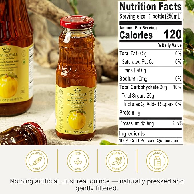 Pure Quince Juice 8.4oz Glass Bottle (Pack of 12) Cold Pressed Juice Not from Concentrate Non-GMO No Sugar Added Gluten Free Kosher Certified Preservative Free