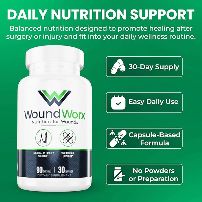 Free Life Labs WoundWorx Nutrition-Scar and Surgery Support Wound Care General and Plastic Surgery Faster Healing w/Vitamins Amino Acids Collagen Probiotics Turmeric Bromelain-90 caps