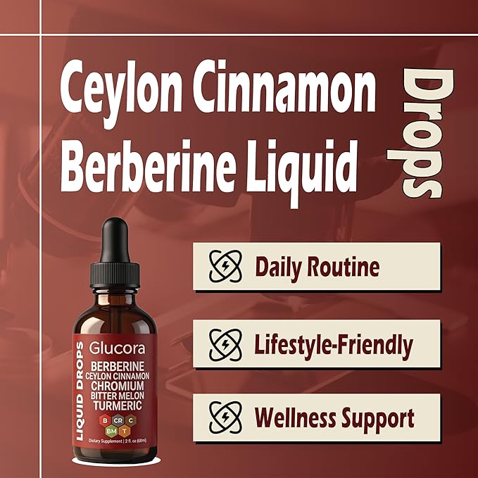Glucora gotasGlucora Ceylon Cinnamon Berberine Liquid Drops - with Bitter Melon Extract Turmeric Chromium GymnemaOrganic Panax Ginseng&amp Moringa – Vegan Non-GMO - 2 Fl Oz (60 ML)(1pcs)