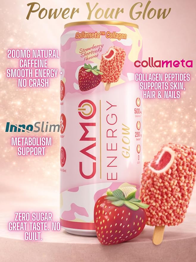 CAMO Energy Glow Strawberry Shortcake 200mg Natural Caffeine Collameta® Collagen Peptides InnoSlim® Metabolism Booster Zero Sugar 12oz Cans 12 Pack