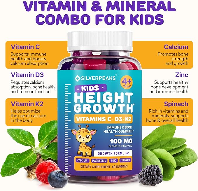 Height Growth Gummies for Kids - Growth Vitamins for Teens Height Increase Multivitamin for Boys &amp Girls with Calcium Vitamin D C K2 Magnesium Zinc Natural Height Growth Maximizer Supplement 60
