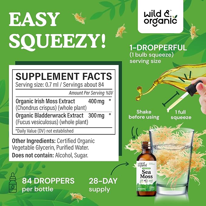 Wild &amp Organic Sea Moss Liquid Drops - Immune Support - Irish Sea Moss and Bladderwrack Tincture - Multimineral Chondrus Crispus Supplement - Vegan Sugar &amp Alcohol-Free - 2 fl oz