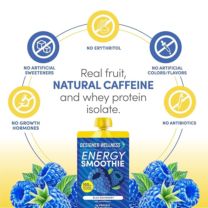 Designer Wellness Energy Smoothie Real Fruit 100mg Natural Caffeine 5g Protein Low Carb Zero Added Sugar Gluten-Free Blue Raspberry 12 Count