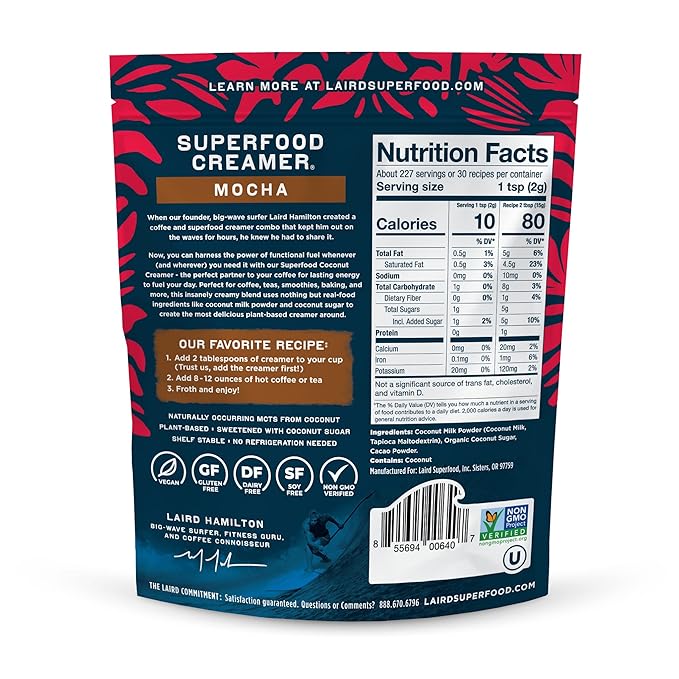 Laird Superfood Non-Dairy Coffee Creamer Mocha Shelf-Stable Superfood Non-Dairy Powder Creamer Gluten Free Non-GMO Vegan 16 oz. Bag Pack of 1